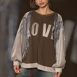POL balloon sleeve French terry sweatshirt with sequin tassel detailing